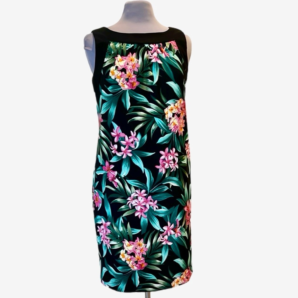 AB Studio Black w/Pink, Orange & Green Tropical Hawaiian Sleeveless Dress Sz. 10